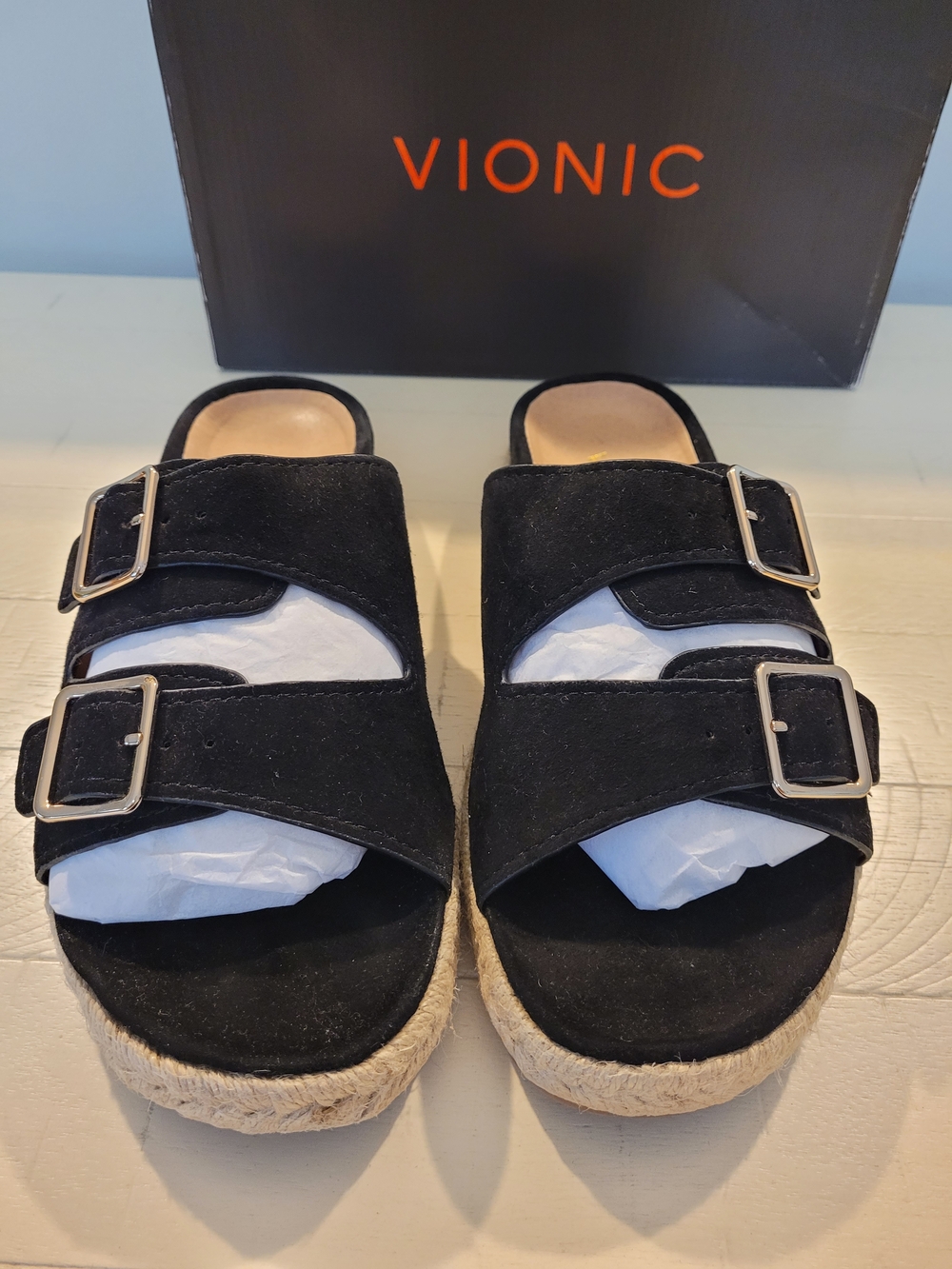 Vionic Black Suede Double Buckle Slide Sandals - Picture 2 of 13